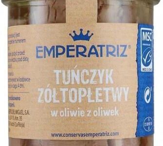 Emperatriz (Tuńczyk, Sardynki) TUŃCZYK ŻÓŁTOPŁETWY FILETY W OLIWIE Z OLIWEK 200g