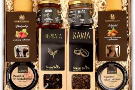 Green Touch Duży kosz prezentowy z herbatą i kawą oraz słodyczami ze świecami
