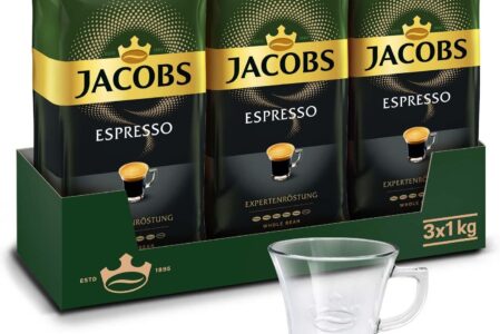 Jacobs Kawa Ziarnista Espresso Zestaw 3x1kg Z Szklanką