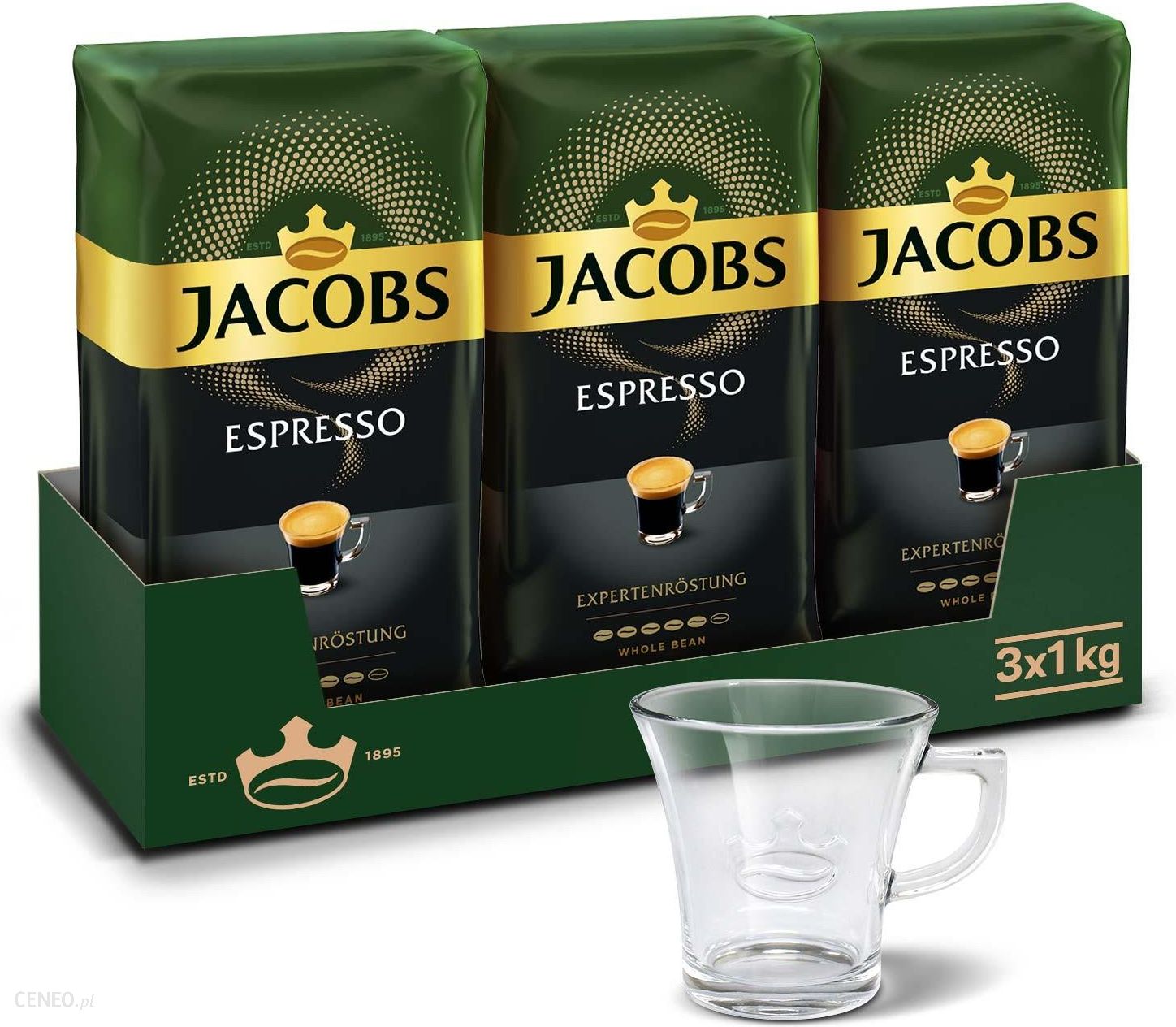 Jacobs Kawa Ziarnista Espresso Zestaw 3x1kg Z Szklanką